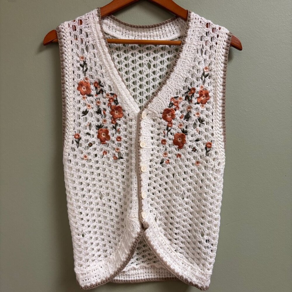 Womens Pointelle Knit Vest Size XS Acrylic Floral Festival Hippie Cottagecore